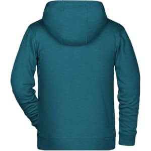 A children's zip hoodie in a teal colour, featuring a large hood and a plain back design. It includes a branding logo.