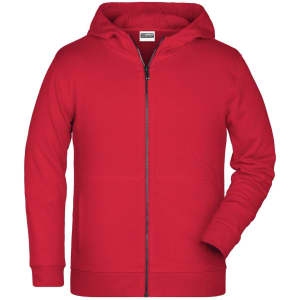 A red children's zip hoodie with a front zipper and a hood. The garment features long sleeves and a logo.