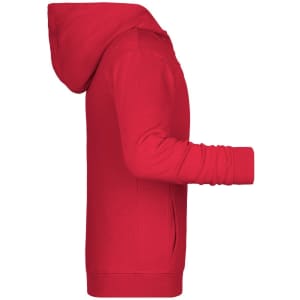 A red children's zip hoodie featuring a hood and long sleeves, with side pockets. It includes a logo on the front.