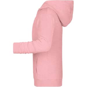 A pink children's zip hoodie with a hood and ribbed cuffs, featuring side pockets and a logo.