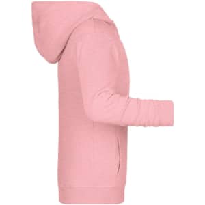 A pink children's zip hoodie with a hood, featuring long sleeves and side pockets.