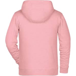 A pink children's zip hoodie with a hood, featuring a subtle texture and a back view.