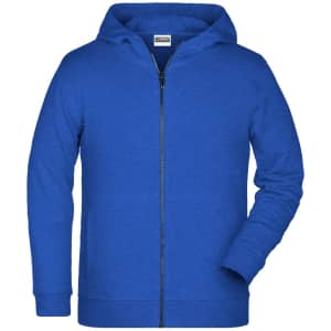 A blue children's zip hoodie featuring a front zipper and hood, with long sleeves and a branded label.