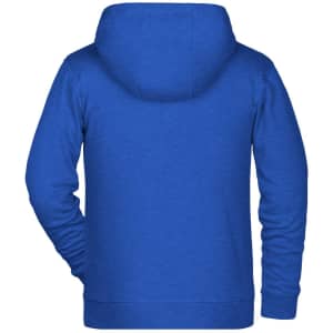 A blue children's zip hoodie featuring a hood and long sleeves, with a logo on the back.