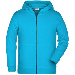 A children's zip hoodie in bright turquoise with a front zip and hood. Features long sleeves and a logo on the label.
