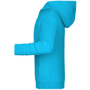A bright blue children's zip hoodie featuring a hood and side pockets, with a logo on the front.