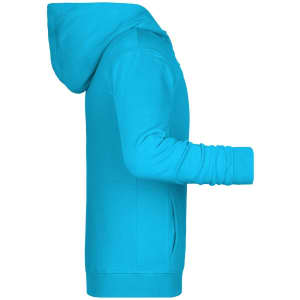 A bright turquoise children's zip hoodie with a hood and long sleeves, featuring a side view.