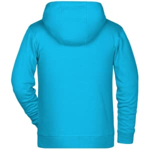 A turquoise children's zip hoodie featuring a hood and long sleeves, with a plain back.
