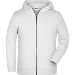 A white children's zip hoodie featuring a zip front and a comfortable hood. The design includes a logo.