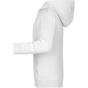 A white children's zip hoodie with a hood and long sleeves, featuring side pockets and a simple design.