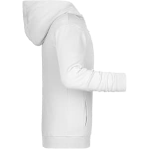 A white children's zip hoodie with long sleeves and a hood, featuring a side pocket and a simple design.