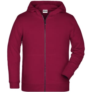 A children's zip hoodie in a rich burgundy colour, featuring a hood and zip closure. It has a subtle logo.