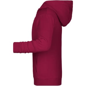 A children's zip hoodie in burgundy, featuring a hood and long sleeves. It has a logo on the front.