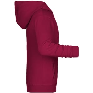 A children's zip hoodie in a vibrant raspberry red, featuring a hood and long sleeves. It has a logo on it.