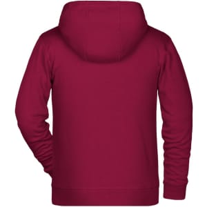 A maroon children's zip hoodie with a hood and long sleeves, featuring a plain back design.