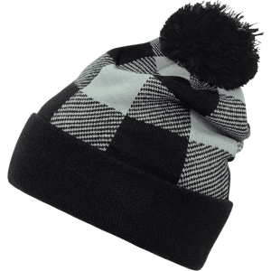 A black and grey plaid beanie with a pom pom on top, featuring a textured pattern and a rolled cuff.