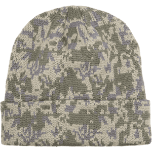 A camo long beanie featuring a blend of green, cream, and light purple patterns, with a folded cuff at the bottom.