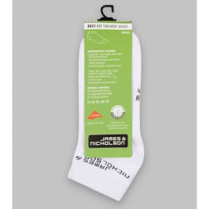 White organic sneaker socks displayed with a tag featuring a logo. The socks are designed for unisex wear.
