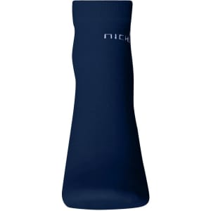 A pair of navy blue organic sneaker socks with a logo on the side.