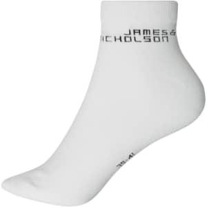 A pair of white organic sneaker socks with a logo, designed for comfort and style.