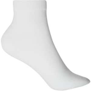 A pair of white sneaker socks with a ribbed cuff and a smooth finish, featuring a logo.