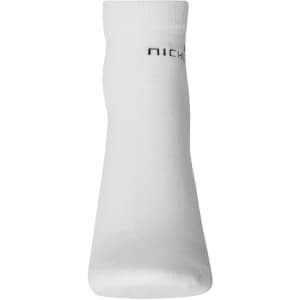 A pair of white organic sneaker socks with a logo on the side, showcasing a simple and classic design.