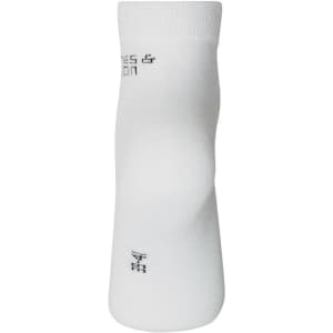 White organic sneaker socks with a ribbed cuff, featuring a logo on the side.