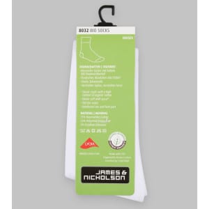 Organic white socks displayed with a green tag featuring a logo and product information.