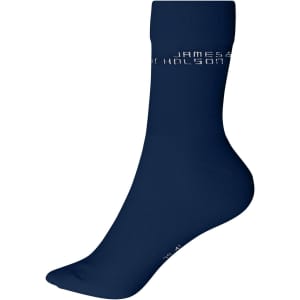 Navy blue organic socks with a logo, featuring a classic crew design and smooth texture.