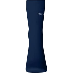 A pair of dark navy organic socks, featuring a logo on the side.