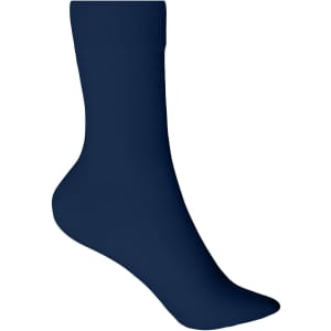 A pair of navy blue organic socks, featuring a smooth texture and a standard crew length. The socks include a branding logo.