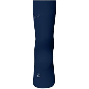 A pair of navy organic socks, featuring a snug fit and a simple design, with branding visible.