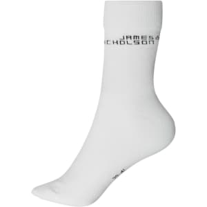 A pair of white organic socks featuring a logo on the side.