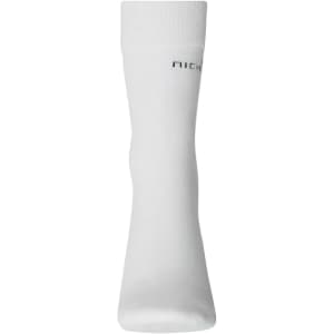 White organic socks with a logo on the side, featuring a knee-high design.