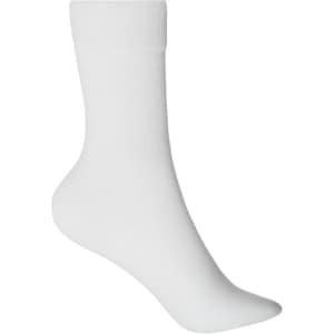 A pair of organic socks in white, featuring a ribbed cuff and a smooth finish, with a small logo.