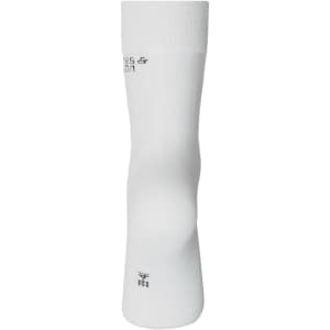A pair of white organic socks with a soft, stretchy fabric and a branding logo.