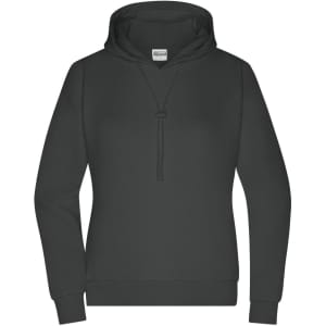 A dark grey ladies lounge hoodie with a drawstring hood and a simple design. It features a branding logo.