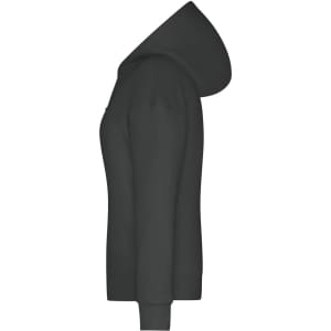 A black ladies' hoodie displayed from the side, featuring a classic hood and long sleeves. It has a logo on it.