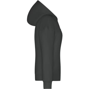 A dark grey hoodie with a hood and long sleeves, featuring a side view and a small logo.