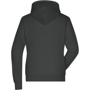 A dark grey hoodie with a lined hood and long sleeves, featuring a logo on the back.