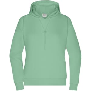 A mint green ladies hoodie featuring a drawstring and a logo. The design is simple and modern.