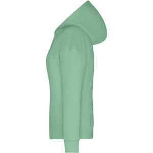 A mint green Ladies Lounge Hoodie, featuring a hood and ribbed cuffs, displayed in a side view.