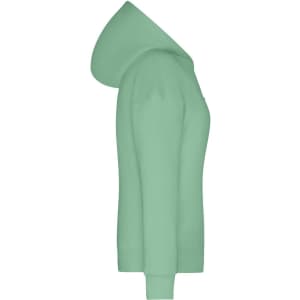 A mint green Ladies Lounge Hoodie features a side view with a hood and fitted sleeves. It includes a logo.