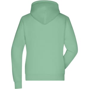 A mint green ladies hoodie with a back view, featuring a hood and long sleeves. It has a logo on the front.