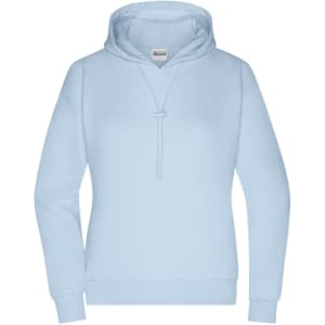 A light blue ladies hoodie with a kangaroo pocket and a drawstring hood, featuring a logo.