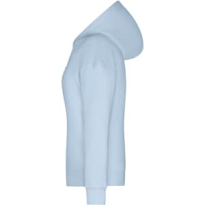 A light blue hoodie from the side, featuring a hood and a brand logo.