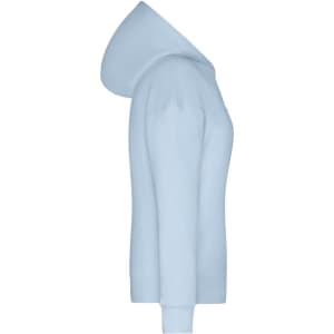 A light blue hoodie featuring a hood, with a fitted silhouette and long sleeves. Includes a logo on the chest.