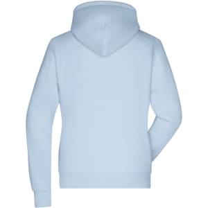 A light blue hoodie with a hood, featuring long sleeves and a casual style. It has a logo on the back.