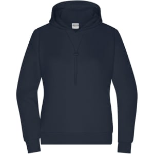 A navy blue hoodie with a front pocket and adjustable drawstring hood. It features a logo on the label.