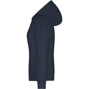 A navy blue ladies' hoodie with a side view showcasing the hood and fitted silhouette. It features a logo.